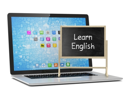 Laptop with chalkboard, learn english, online education conceptの写真素材