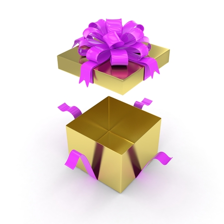 open gift box with bows isolated on white