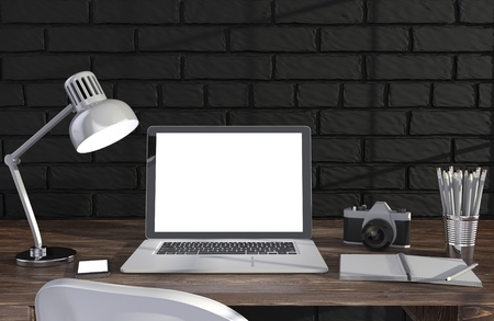 3D illustration laptop and work stuff on table near brick wall, Workspaceの写真素材