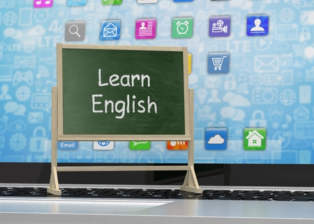 Laptop with chalkboard, learn english, online education conceptの写真素材