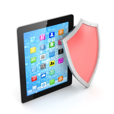 Tablet PC and shield on whute device security conceptの写真素材