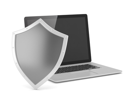 Laptop and shield on white, computer security conceptの写真素材