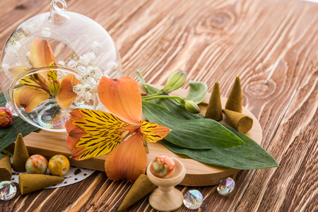 spa stuff on wooden backgroundの写真素材