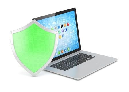 Laptop and shield on white, computer security conceptの写真素材
