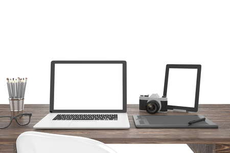 3D illustration laptop and work stuff on table, Workspaceの写真素材