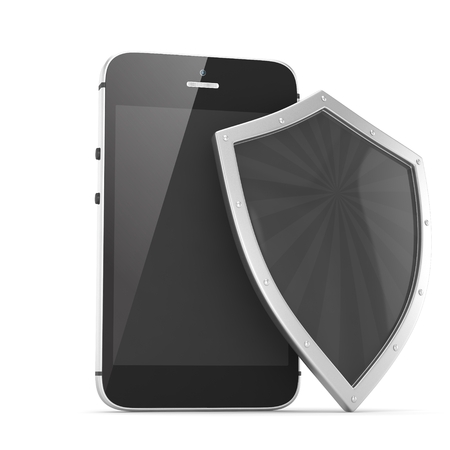 Smartphone and shield on white, security conceptの写真素材