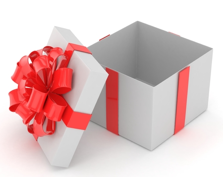 open gift box with bows isolated on whiteの写真素材