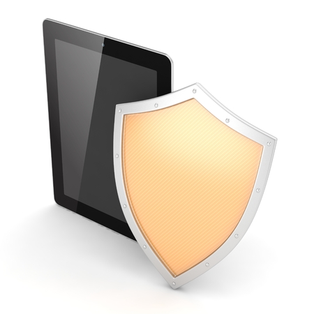 Tablet PC and shield on white device security conceptの写真素材