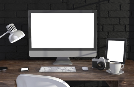 3D illustration PC screen on table in office, Workspaceの写真素材