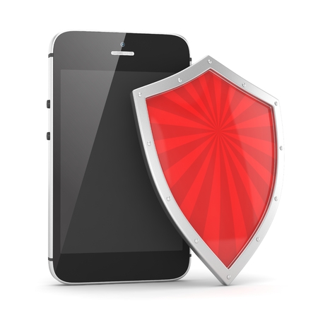 Smartphone and shield on white, security conceptの写真素材