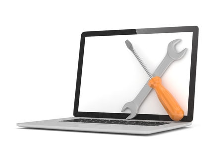 3D Illustration Wrench and screwdriver on laptop, service conceptの写真素材