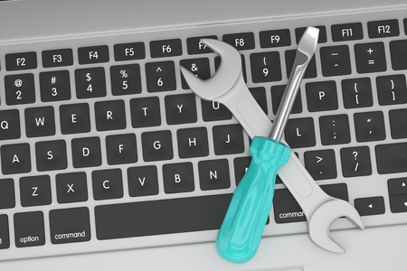 3D Illustration Wrench and screwdriver on laptop, service conceptの写真素材
