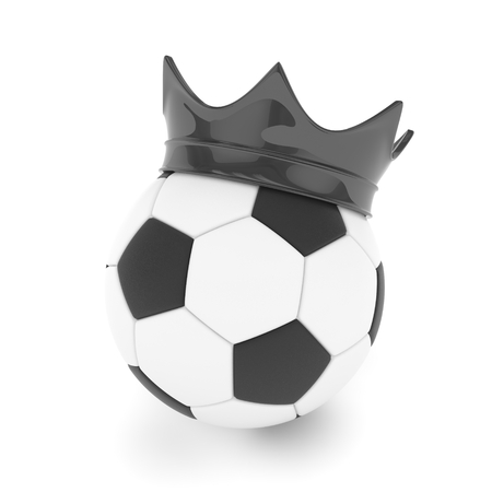 Soccer  ball with black royal crown is a symbol of competition and winner's trophy on white. 3D rendering.の写真素材