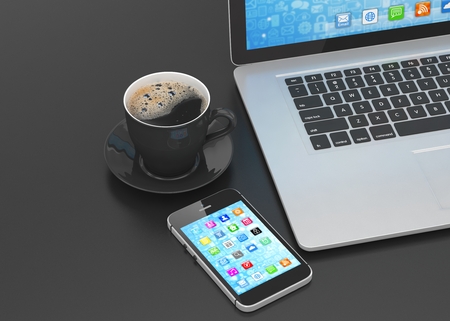 Laptop smartphone and coffee cup on black. 3d rendering.の写真素材