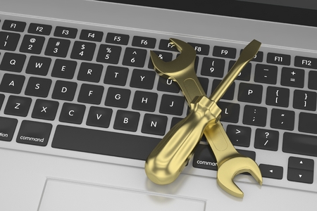 3D Illustration Wrench and screwdriver on laptop, service conceptの写真素材