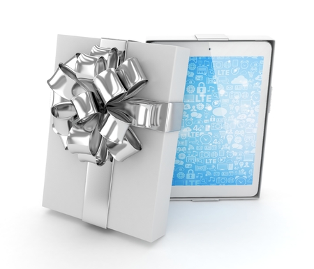 Tablet in white gift box with silver bow and ribbons on white. 3D rendering.の写真素材