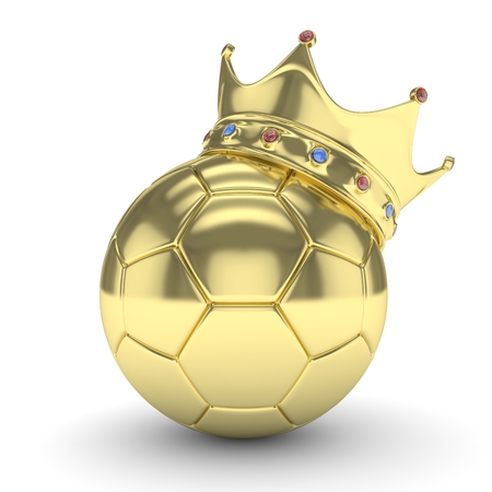 Soccer  ball with golden royal crown is a symbol of competition and winner's trophy on white. 3D rendering.の写真素材