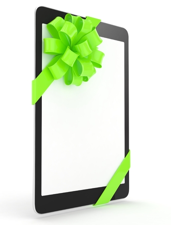 Black tablet with green bow and empty screen. 3D rendering.の写真素材