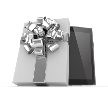 Tablet in white gift box with silver bow and ribbons on white. 3D rendering.の写真素材