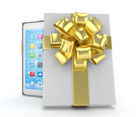 Tablet in white gift box with golden bow and ribbons on white. 3D rendering.の写真素材