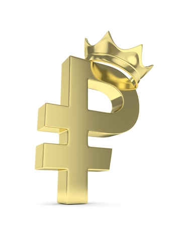 Isolated golden ruble sign with golden crown on white background.の写真素材