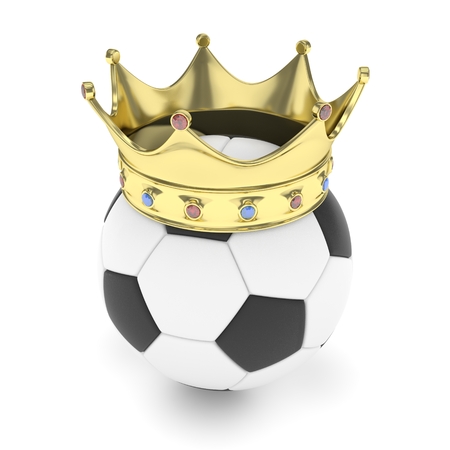 Soccer ball with golden crown on white background. 3D rendering.の写真素材