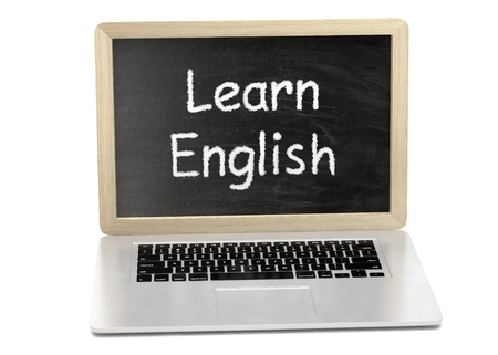 Laptop with chalkboard, learn english, online education concept. 3d rendering.の写真素材