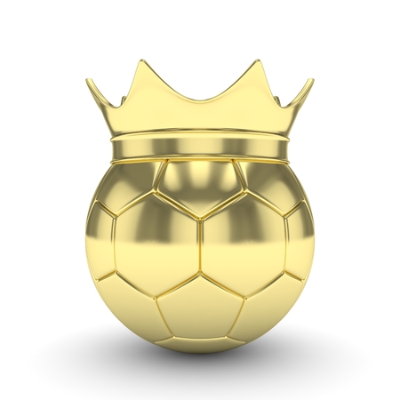 Golden soccer ball with golden crown on white background. 3D rendering.の写真素材