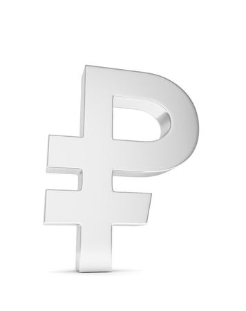 Isolated silver ruble sign on white background. Russian currency. Concept of investment, russian market, savings. Power, luxury and wealth. Russia, Belarus. 3D rendering.の写真素材