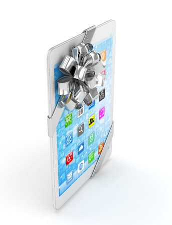 White tablet with silver bow and icons. 3D rendering.の写真素材
