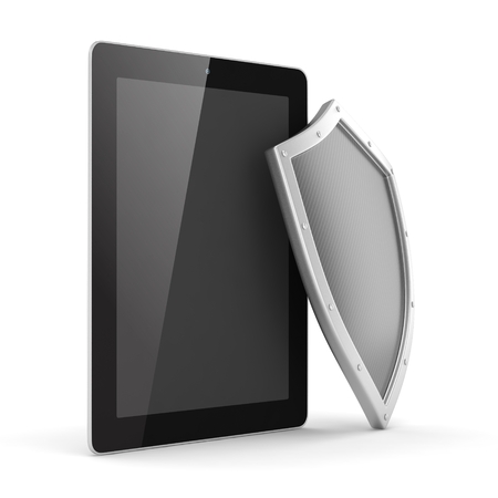 Tablet PC and shield on white device security concept. 3d rendering.の写真素材