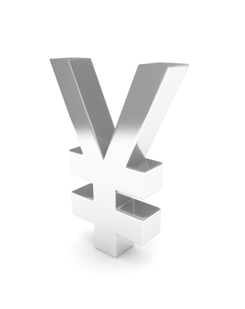Isolated silver yen yuan sign on white background. Chinese japanese currency. Concept of investment, asian market, savings. Power, luxury and wealth. 3D rendering.の写真素材