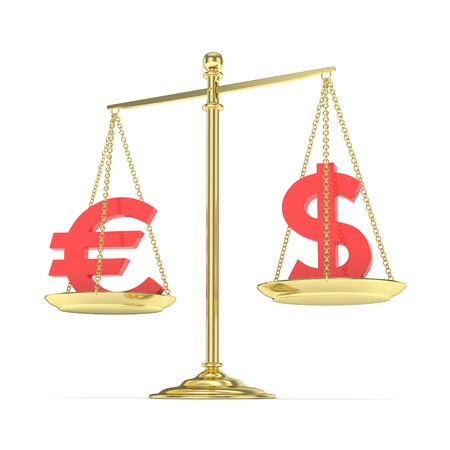 Isolated golden scales with red dollar and euro currency. American and european finance. Measuring of market stability. 3D rendering.の写真素材