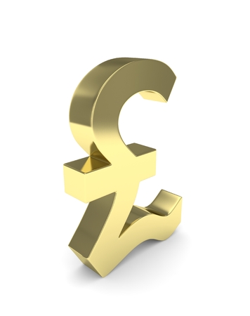 Isolated golden pound sign on white background. British currency. Concept of investment, european market, savings. Power, luxury and wealth. Great Britain, Nothern Ireland. 3D rendering.の写真素材