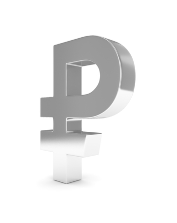 Isolated silver ruble sign on white background. Russian currency. Concept of investment, russian market, savings. Power, luxury and wealth. Russia, Belarus. 3D rendering.の写真素材