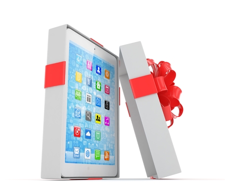 Tablet in white gift box with red bow and ribbons on white. 3D rendering.の写真素材