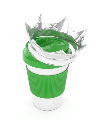 Coffee cup with silver crown on white background. Concept of luxury royal coffee. 3D rendering.の写真素材