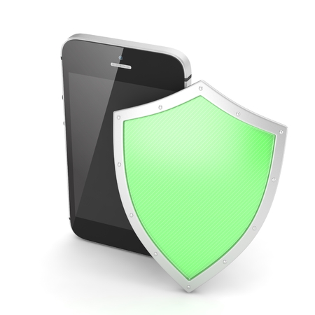 Smartphone and shield on white, security concept. 3d rendering.の写真素材