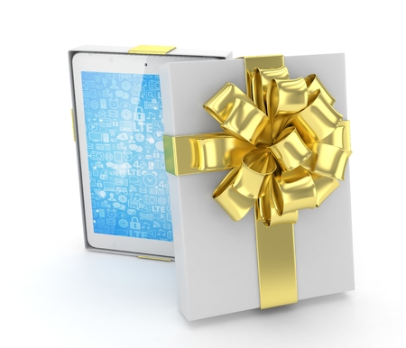 Tablet in white gift box with golden bow and ribbons on white. 3D rendering.の写真素材