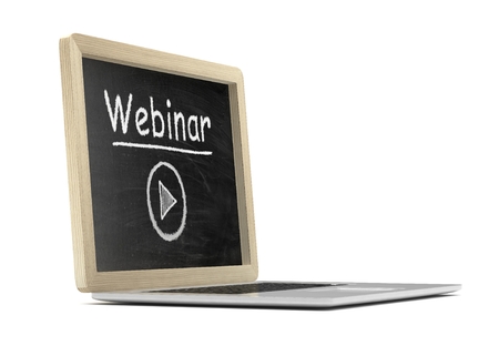 Laptop with chalkboard, video webinar, online education concept. 3d rendering.の写真素材