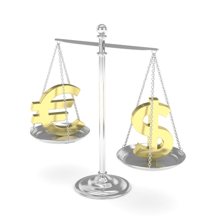 Isolated silver scales with golden dollar and euro currency. American and european finance. Measuring of market stability. 3D rendering.の写真素材
