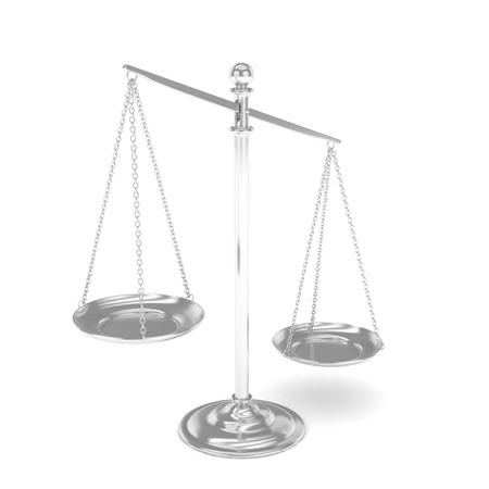 Isolated white silver scales on white background. Symbol of judgement. Law, measurement, liberty in one concept. 3D rendering.の写真素材