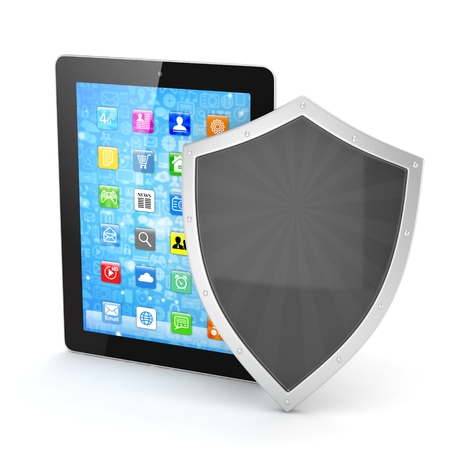 Tablet PC and shield on white device security concept. 3d rendering.の写真素材