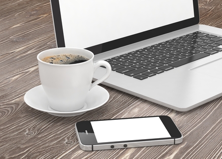 Laptop smartphone and coffee cup on wood. 3d rendering.の写真素材