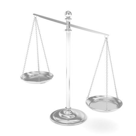 Isolated white silver scales on white background. Symbol of judgement. Law, measurement, liberty in one concept. 3D rendering.の写真素材