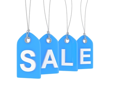 Blue isolated sale labels on white background. Price tags. Special offer and promotion. Store discount. Shopping time. 3D rendering.の写真素材
