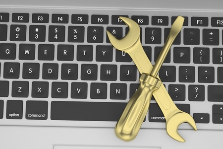 3D Illustration Wrench and screwdriver on laptop, service conceptの写真素材