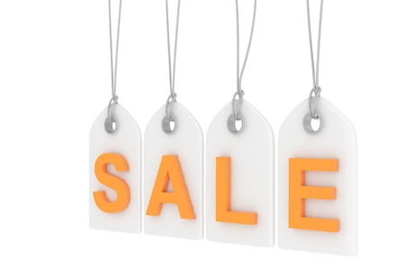 Colorful isolated sale labels on white background. Price tags. Special offer and promotion. Store discount. Shopping time. Orange letters on white labels. 3D rendering.の写真素材