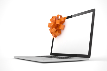 Tied laptop with red bow on white background. Modern present or gift for birthday, holiday, christmas. 3D rendering.の写真素材