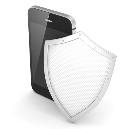 Smartphone and shield on white, security concept. 3d rendering.の写真素材